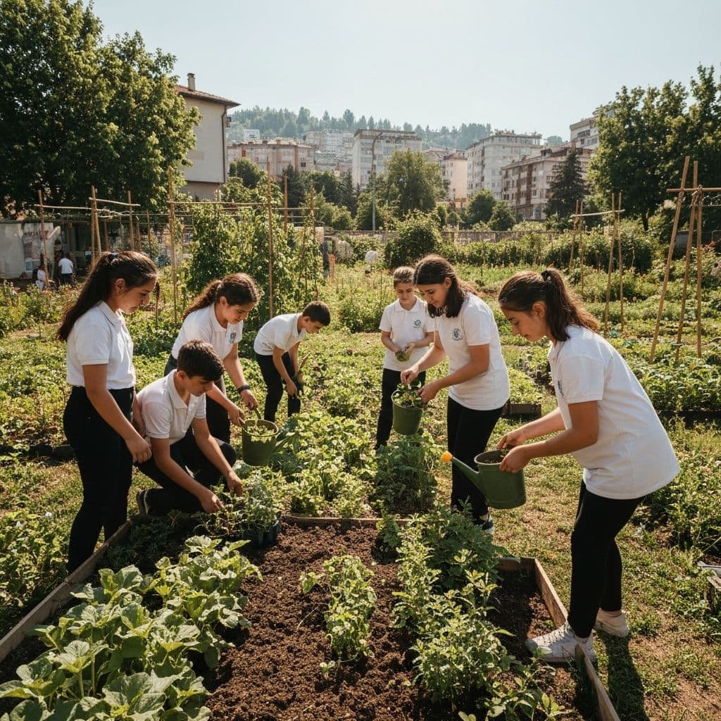 Students using interactive environmental education displays